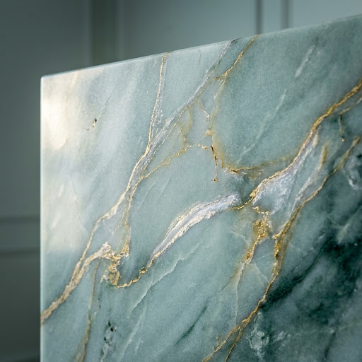 Macro detail of a high-end emerald green marble surface with intricate gold veins